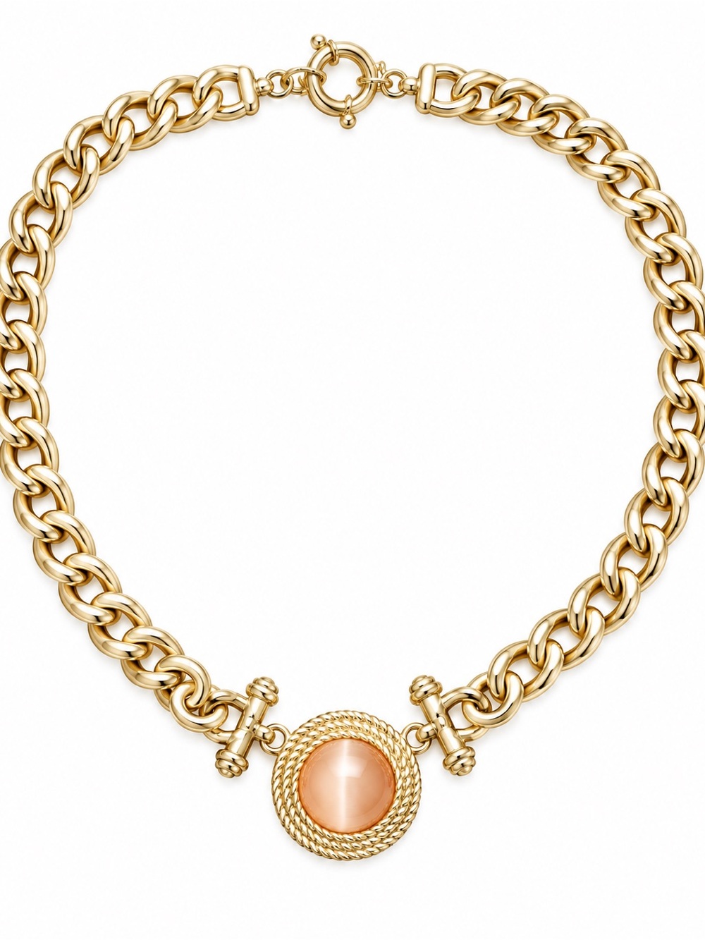 Gold Chain Statement Necklace with Peach Cabochon Pendant New